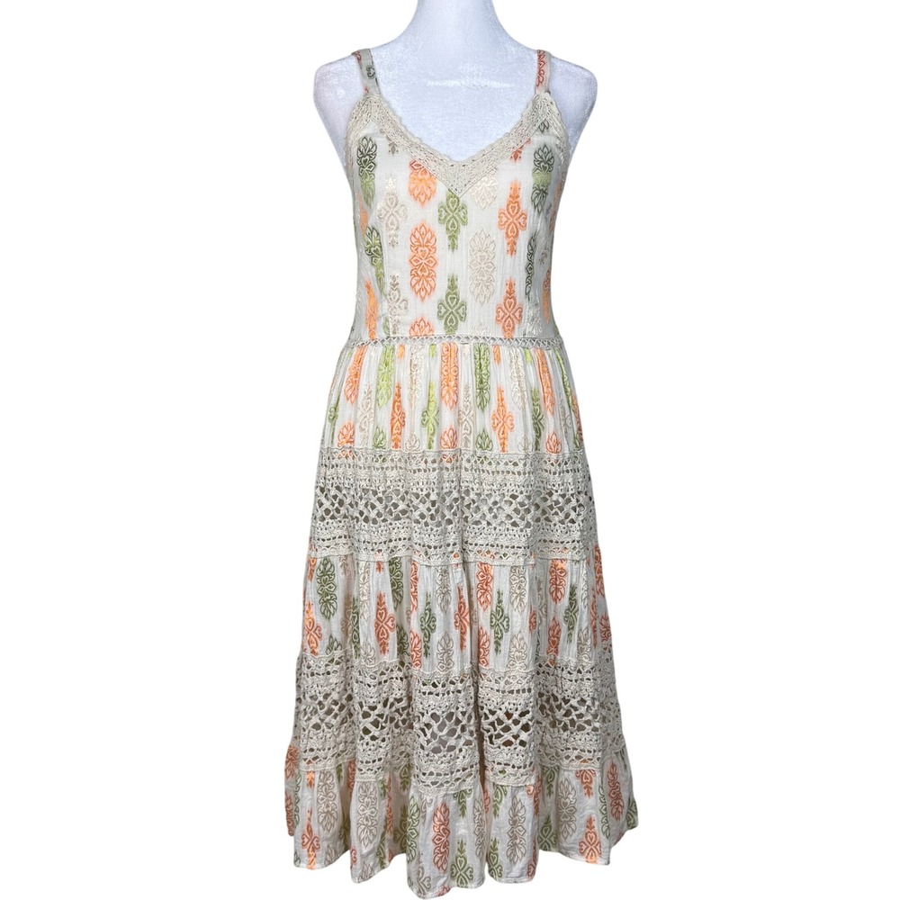 Me 2 Magic Anthropologie Boho Midi Dress Crochet Tiered Smocked Back Small Beige
